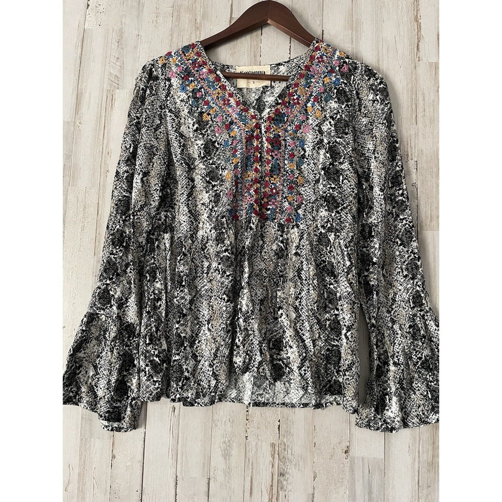 Savanna Jane Womens Aztec Embroidered Long Bell Sleeve V Neck Top Sz Small Boho‎